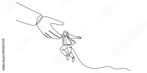 A single continuous line drawing of a giant hand reaching down to save a small falling person. Vector, illustration