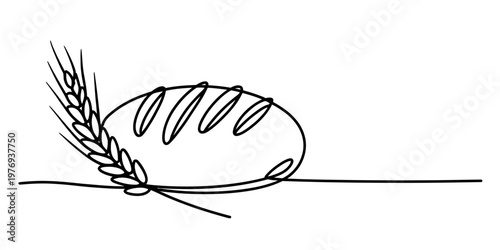 Minimalist continuous line drawing of a rustic loaf of bread paired with a stalk of golden wheat Vector, illustration