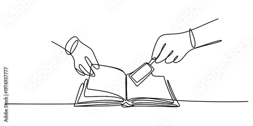 A single continuous line drawing of a person examining a book page with a small magnifying glass Vector, illustration