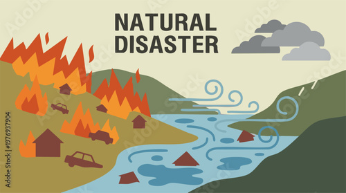 Various Natural Disasters Illustration with Wildfires, Floods, and Storms