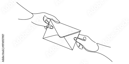 A single continuous line drawing of two hands exchanging a sealed envelope in a minimalist style