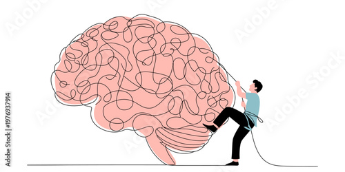 A man climbing a giant tangled human brain representing the struggle with mental health chaos
