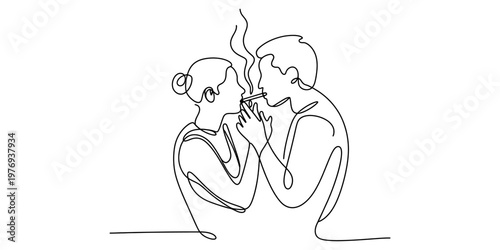 Minimalist continuous line art of a romantic couple sharing a single cigarette in close proximity