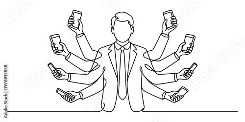 A continuous line drawing illustration of a busy businessman multitasking with many smartphones.
