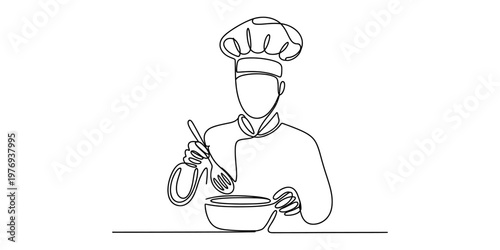A single continuous line drawing of a professional chef wearing a hat and mixing in a bowl.