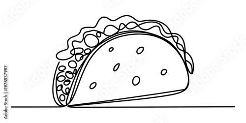 A simple continuous line drawing of a delicious mexican taco with various fresh toppings inside
