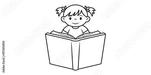 A simple black and white line art illustration of a young girl reading an open hardcover book Vector, illustration