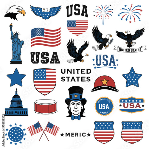USA patriotic icon set with national symbols including flag, eagle, Statue of Liberty, Uncle Sam and fireworks. Vector illustration isolated on white background for Independence Day.