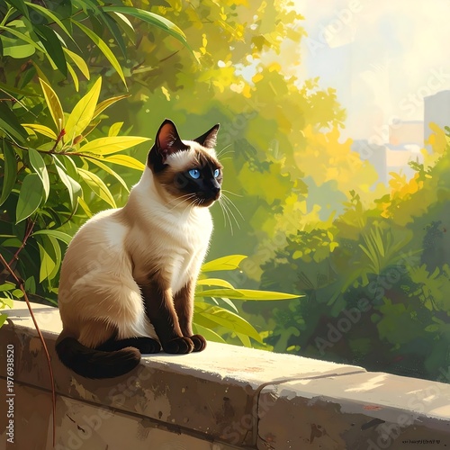 A serene feline sits atop a wall amidst lush greenery and sunlight