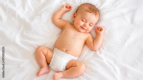 Peaceful sleeping baby lying on white bed top view newborn child rest concept