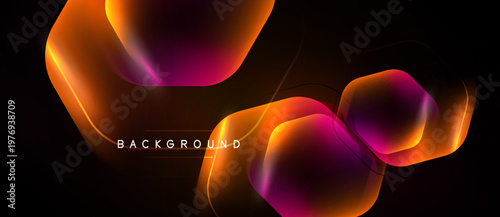 Abstract geometric shapes, vibrant colors, glowing lines. Dark background enhances luminosity, creating dynamic visual effect.