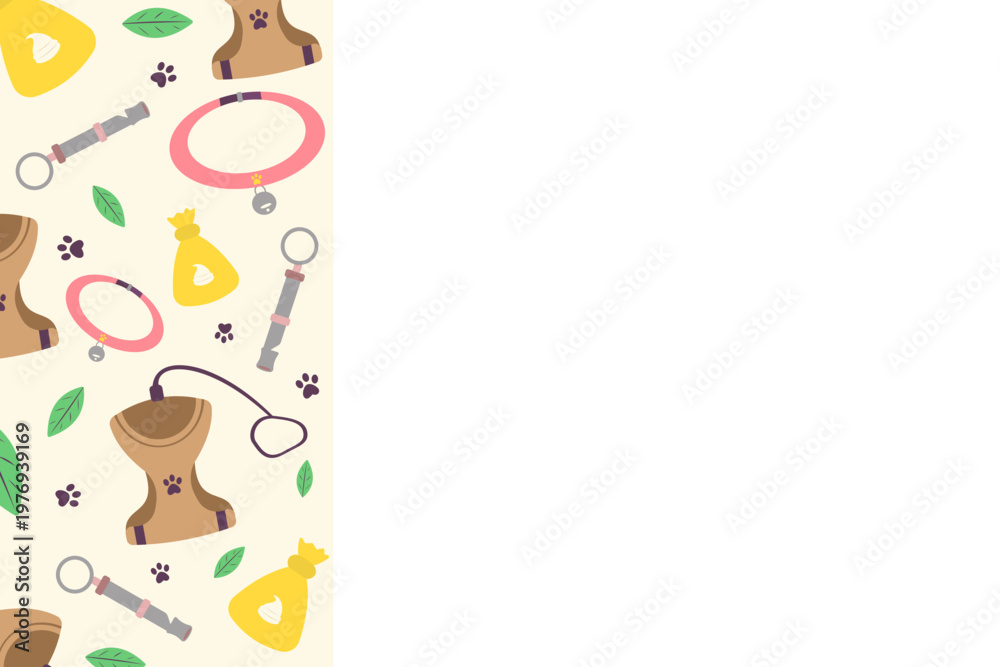Fototapeta premium Pet adventure gear side border background with copy space. Flat design vector template for animal travel products and dog training school ads