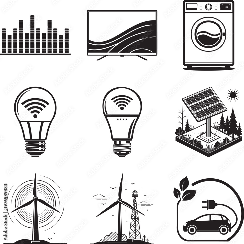 Fototapeta premium Black and white of smart home technology, renewable energy, and appliances msea set