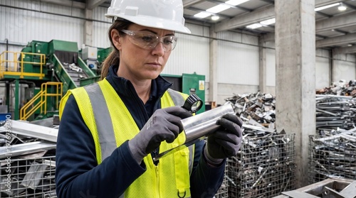 Female technician in safety gear examines metal pipe with caliper inside a recycling facility, piles of scrap metal and machinery visible in the background
