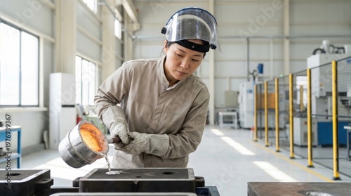 Asian female metalworker in protective gear pours molten metal into a mold on a workbench inside a bright industrial workshop with machinery in the background