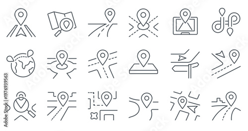 Route line icon. Path with location pointers, routes and directions navigation map with GPS markers, travel journey and trip street way. Vector route isolated set