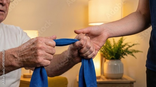Elderly man and caregiver holding blue resistance band during physical therapy session in cozy living room with plants and soft lighting