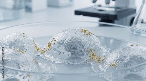 Transparent gel-like structures with gold particles suspended in a petri dish, laboratory equipment visible in the background, showcasing scientific research and experimentation