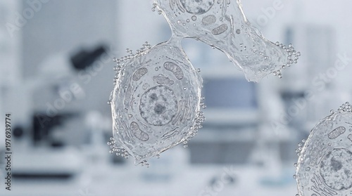 Microscopic view of human cells with distinct structures and organelles, showcasing cellular details in a laboratory setting with blurred equipment in the background