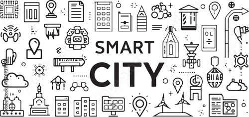 A collection of hand drawn doodle icons representing the modern concept of a smart city network. isolated on white background