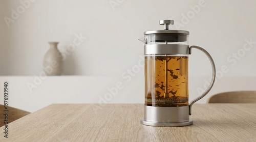 French press coffee maker filled with brewed tea placed on a wooden table, minimalist decor with a ceramic vase in the background