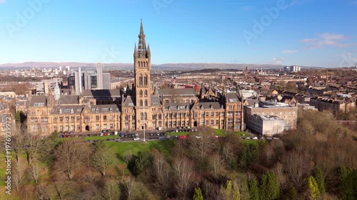 Drone view of Kelvingrove Park and Gilmorehill on a sunny golden hour winter morning in Glasgow Scotland