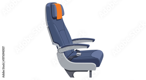 A blue and gray airplane seat with orange accents on a white background.