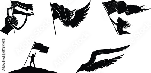 Dramatic silhouette collection figures raising flags against a stark white background evoking strength and determination