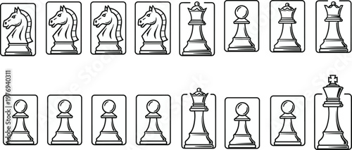 Chess pieces icons in square frames, line art set, strategy board game elements, king queen knight pawn vector illustration