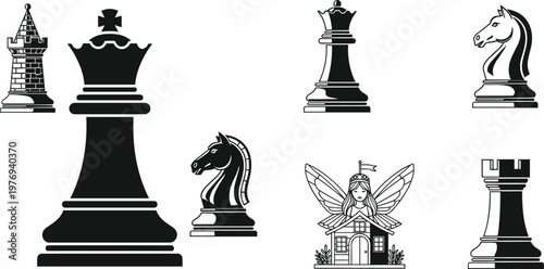 Chess pieces illustration set with fantasy elements, king queen rook knight icons, strategy board game collection, black and white vector