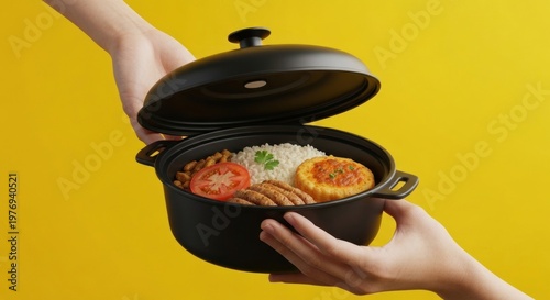 Hands serving a pot of cooked food against a vibrant yellow backdrop