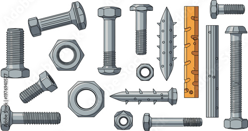 Realistic bolts nuts screws and construction fasteners set, industrial hardware components, mechanical engineering tools, detailed vector illustration collection