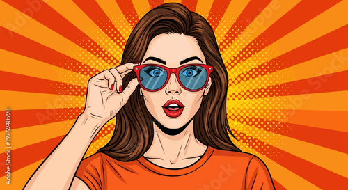 Comic-style portrait of a woman adjusting trendy red sunglasses against a vibrant orange sunburst background.