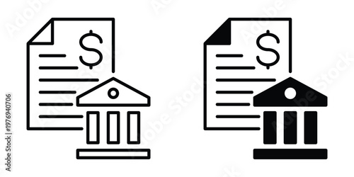 Bank Document Icon Vector – Financial Paper and Bank Building Symbol for Finance, Accounting, Payment, Loan, and Money Transactions in Outline and Solid Style
