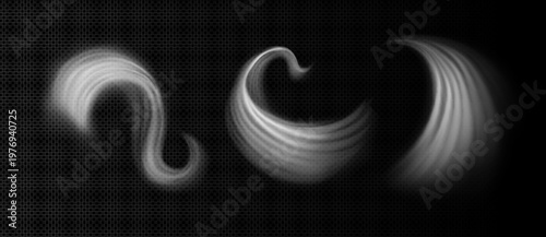 Dynamic wind effect with flowing white air streams and swirling motion, realistic vector set isolated on transparent. Natural breeze or smoke vortex spin, spiral whirlwind trails