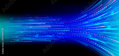 Speed data flow with neon blue lines and glowing particles, abstract vector background. Network dot pattern, digital tech presentations, futuristic cyber concept, information transfer