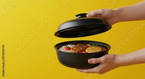 Hands lifting the lid of a rice bowl with food against a yellow backdrop