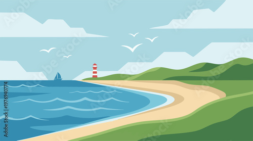 Minimalist coastal landscape vector illustration with lighthouse and sailboat