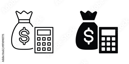 Money Bag and Calculator Icon Vector Set – Cash, Finance, and Math Symbol for Accounting, Wealth, Savings, Budgeting, Loan, Investment, and Economy in Outline and Filled Styles