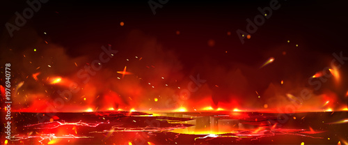 Hell landscape with hot lava streams in burning ground cracks. Vector realistic illustration of red volcanic magma effects, fire sparks and flame on damaged stone land, adventure game background