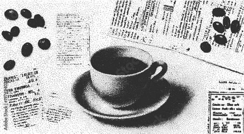 Coffee cup with vintage receipts and beans on a table. Simple collage vector illustration showcasing rustic details.