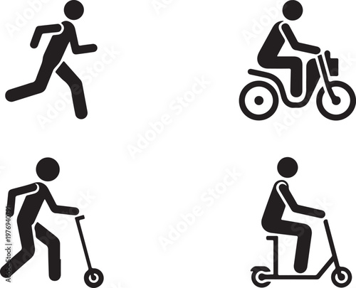 A collection of black icons depicting people engaging in running and using various transport modes isolated on white background