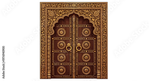 Close-up of an intricately carved wooden door with ornate gold details and a traditional Indian design against a plain white background.