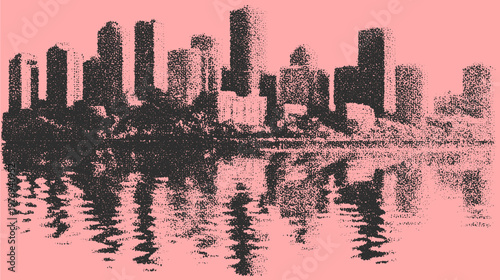 Dotwork city skyline illustration in silhouette style. Features reflections on water with a vibrant pink background. Vector graphic set.