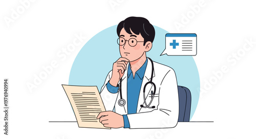 Illustration of a thoughtful doctor reviewing medical records in a clinical setting.
