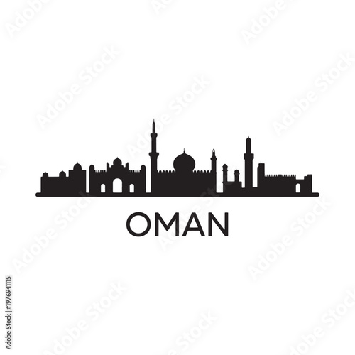 Oman skyline silhouette with prominent mosques and buildings depicted