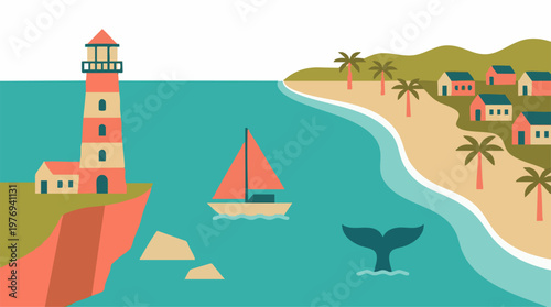 Coastal Scene Illustration with Lighthouse, Sailboat, Beach, and Whale