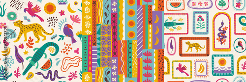 Exotic patchwork. Seamless print of tropical flowers animals and leaves, abstract tropic floral geometric shapes with jungle safari motifs. Vector boho texture