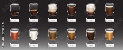 Realistic set of glasses with coffee types and names on dark background. Vector illustration of cups with latte, espresso, americano, cappuccino, cortado, milk and hot chocolate, cafe menu banner