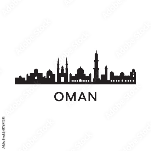 Oman skyline silhouette with prominent mosque and city buildings